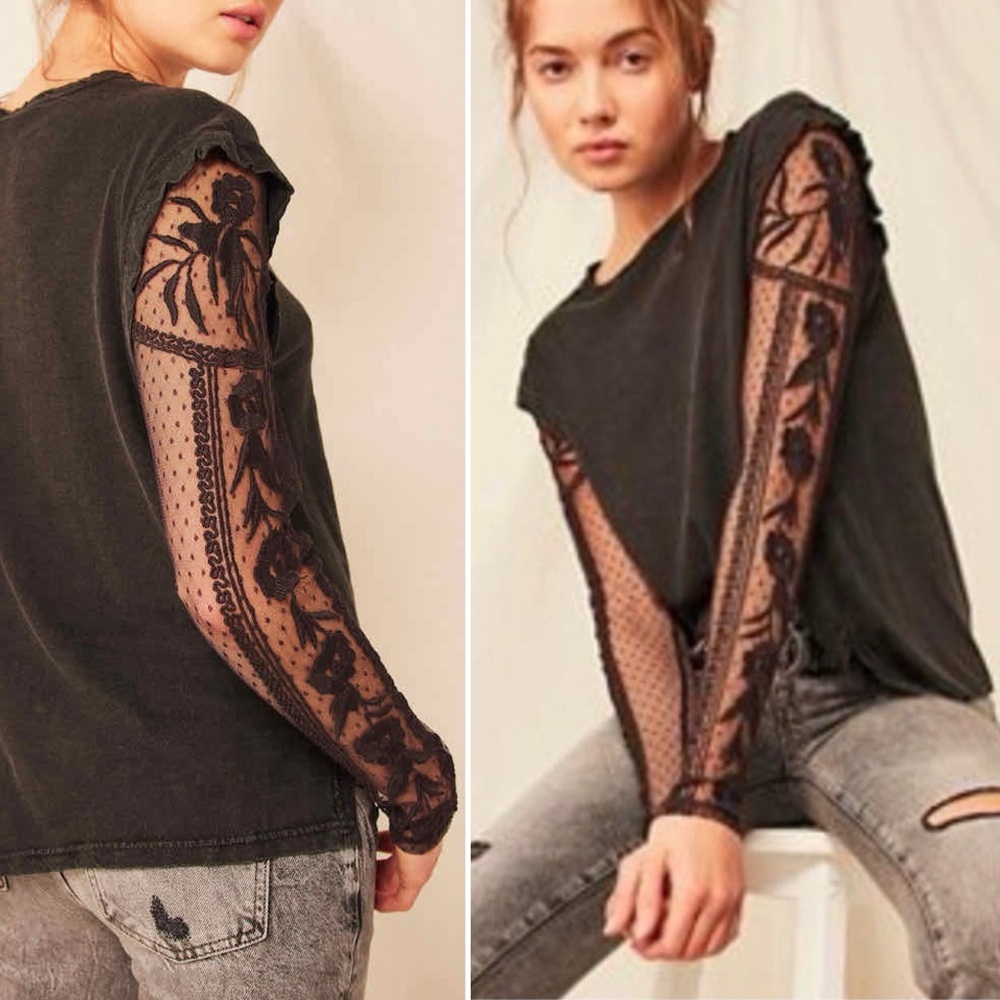 Free People Billie Jean Twofer Top XL Black Cotton Lace Sleeves Edgy Grunge NWT